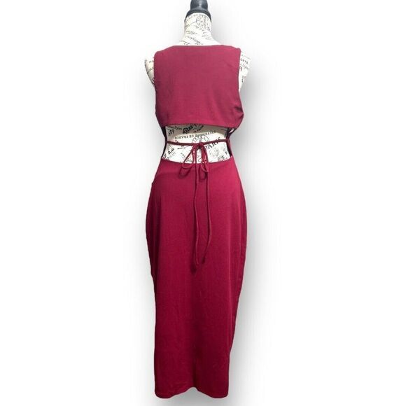 Lulus L Red Bodycon Midi Dress Tie Back Slit Sleeveless Cocktail Wedding Guest - Picture 5 of 9